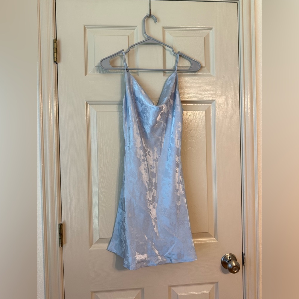 Lulu’s Close to Your Heart Dusty Blue Satin Jacquard Cowl Slip Dress - Picture 2 of 3